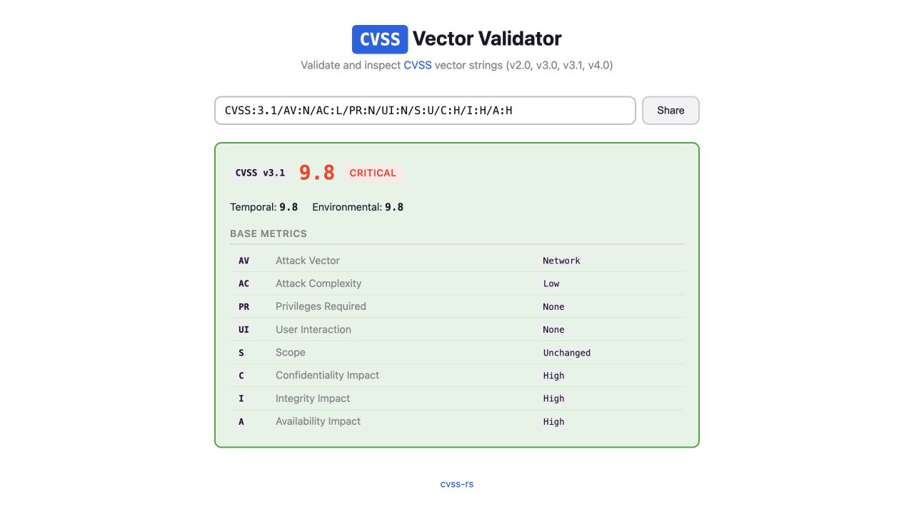 The CVSS verifier displaying a CVSS 3.1 vector with a score of 9.8 (Critical) and its base metrics.